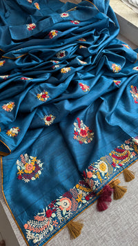 Pure Tussar Linen Silk Saree with Hand Knot Embroidery