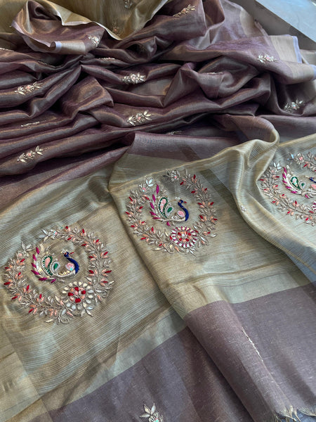 Tissue Linen Banarasi Silk Saree with Pearl & Resham Work