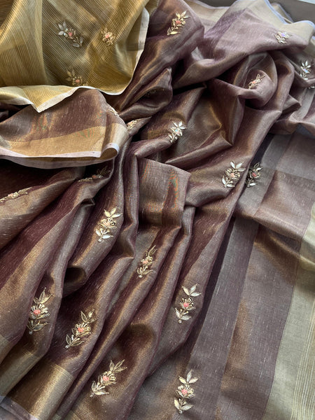 Tissue Linen Banarasi Silk Saree with Pearl & Resham Work