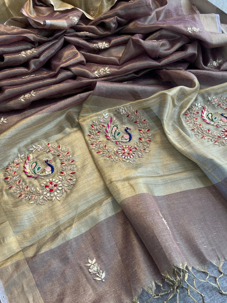Tissue Linen Banarasi Silk Saree with Pearl & Resham Work