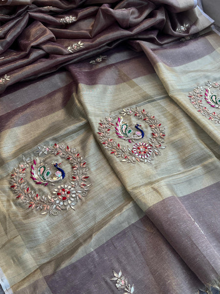 Tissue Linen Banarasi Silk Saree with Pearl & Resham Work