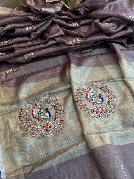 Tissue Linen Banarasi Silk Saree with Pearl & Resham Work