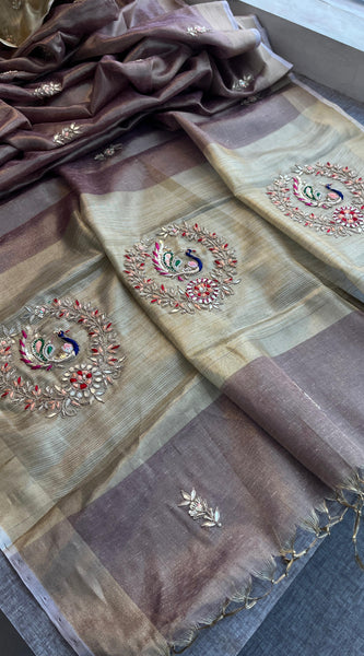 Tissue Linen Banarasi Silk Saree with Pearl & Resham Work