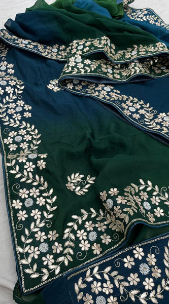 Pure Munga Silk Saree with Gotapatti, Zardozi, Kutdana and Pearl Work