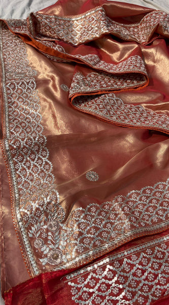 Pure Handloom Zari Tissue Silk Saree with Zardozi, Pearl, Sequins & Gotapatti Work