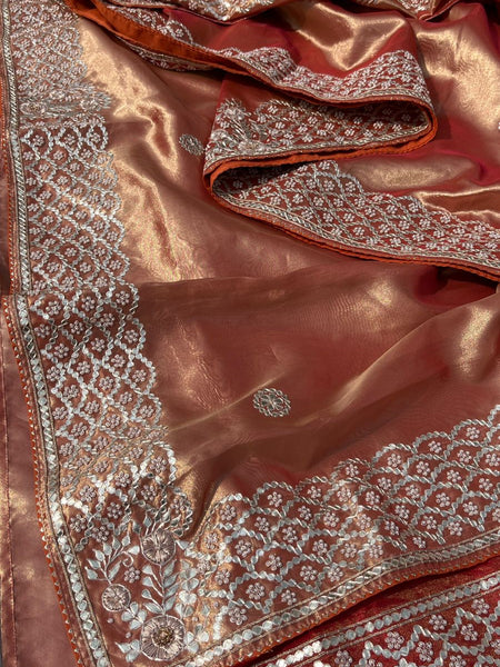 Pure Handloom Zari Tissue Silk Saree with Zardozi, Pearl, Sequins & Gotapatti Work