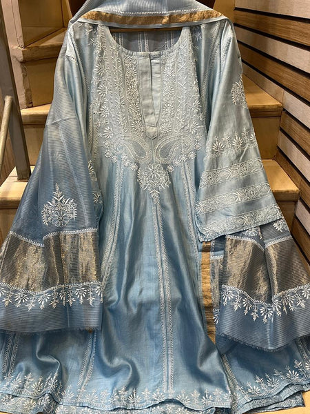 Pure Chanderi Silk Semi-Stitched Anarkali Kurta Dupatta Set