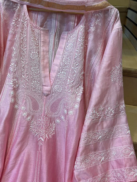 Pure Chanderi Silk Semi-Stitched Anarkali Kurta Dupatta Set