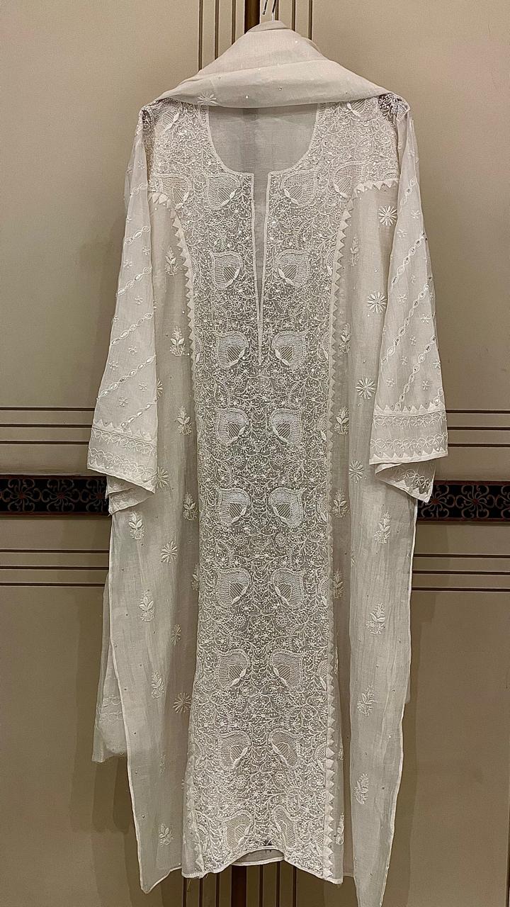 Mul Chanderi Kurta Set with Pearl & Katdana Embroidery Work
