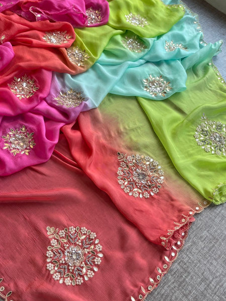 Elegant Zardozi & Pearl Embellished Chinon Crepe Saree