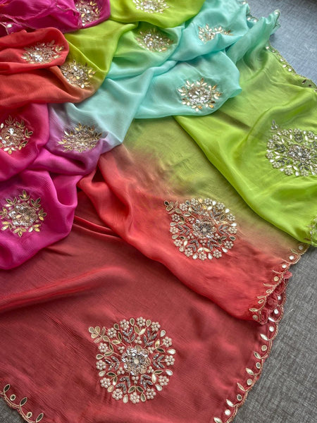Elegant Zardozi & Pearl Embellished Chinon Crepe Saree