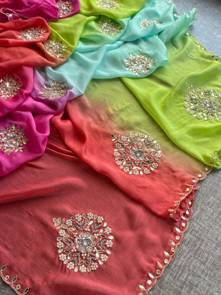 Elegant Zardozi & Pearl Embellished Chinon Crepe Saree