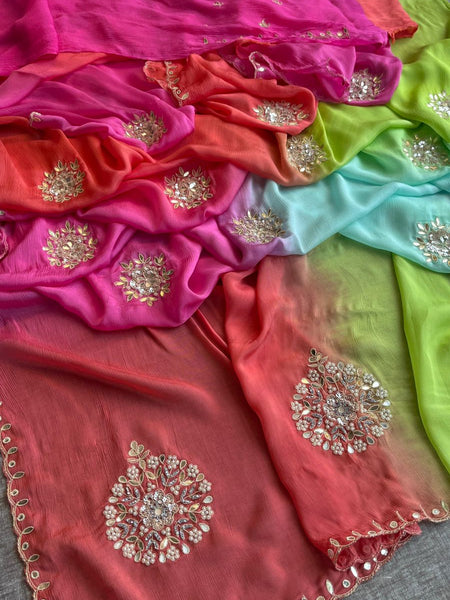 Elegant Zardozi & Pearl Embellished Chinon Crepe Saree