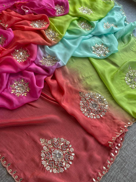 Elegant Zardozi & Pearl Embellished Chinon Crepe Saree
