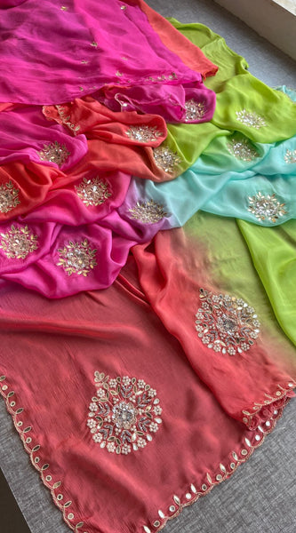 Elegant Zardozi & Pearl Embellished Chinon Crepe Saree