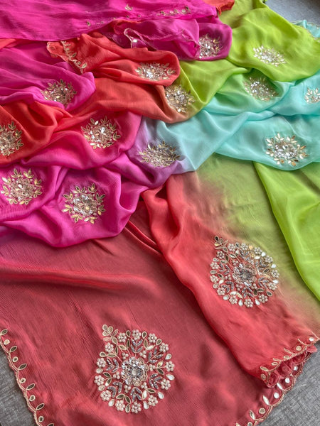 Elegant Zardozi & Pearl Embellished Chinon Crepe Saree