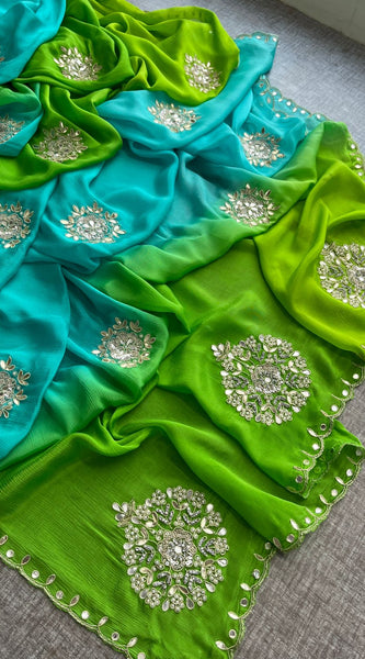 Elegant Zardozi & Pearl Embellished Chinon Crepe Saree
