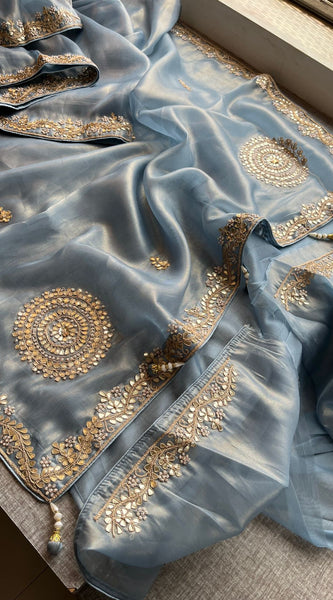 Soft Tissue Silk Saree with Gotapatti, Zardozi & Pearl Embellishments