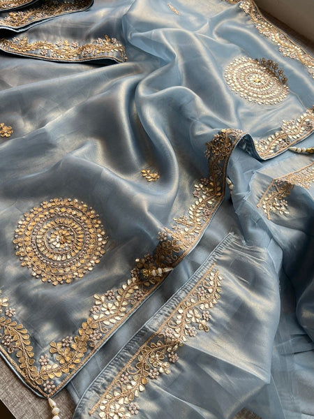 Soft Tissue Silk Saree with Gotapatti, Zardozi & Pearl Embellishments