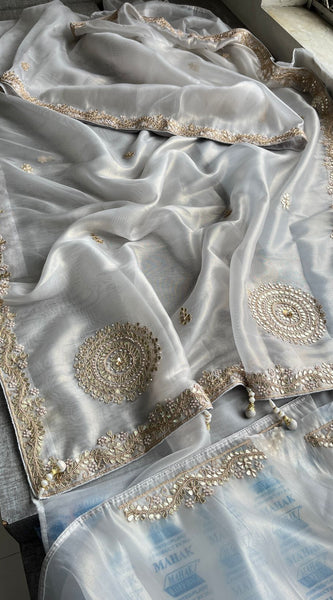 Soft Tissue Silk Saree with Gotapatti, Zardozi & Pearl Embellishments