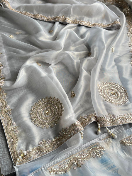 Soft Tissue Silk Saree with Gotapatti, Zardozi & Pearl Embellishments