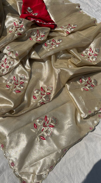 Handloom Zari Tissue Silk Saree with Zardozi, Pearl & Sequins Work
