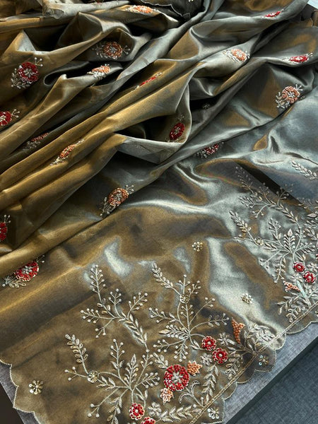 Handloom Zari Tissue Silk Saree with Zardozi, Sequins & Pearl Work