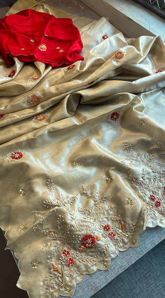 Handloom Zari Tissue Silk Saree with Zardozi, Sequins & Pearl Work