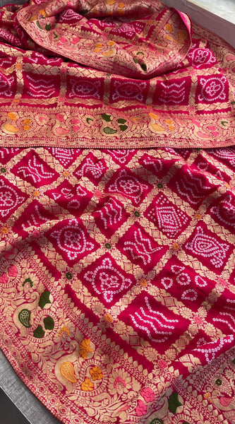 Pure Khaddi Georgette Saree with Bandhani & Meena Banarasi Weaving