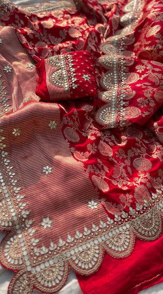 Pure Khaddi Georgette Banarasi Saree with Gotapatti, Zardozi & Pearl Embellishments