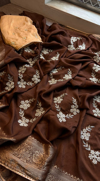 Pure Munga Silk Banarasi Saree with Zardozi, Kutdana & Pearl Work