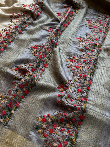 Pure Tussar Linen Silk Saree with Hand Knot & Katha Work