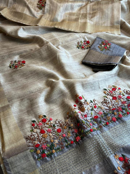 Pure Tussar Linen Silk Saree with Hand Knot & Katha Work