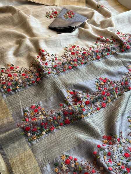 Pure Tussar Linen Silk Saree with Hand Knot & Katha Work