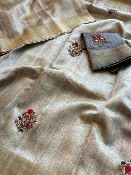 Pure Tussar Linen Silk Saree with Hand Knot & Katha Work