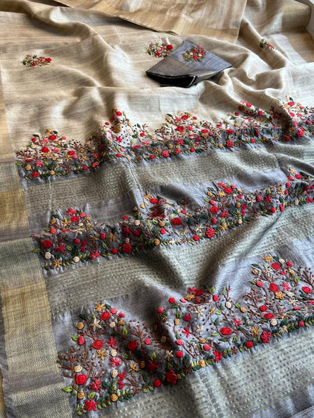 Pure Tussar Linen Silk Saree with Hand Knot & Katha Work