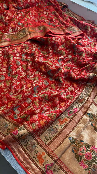 Pure Heavy Khaddi Georgette Banarasi Saree with Bandhani & Meena Weaving