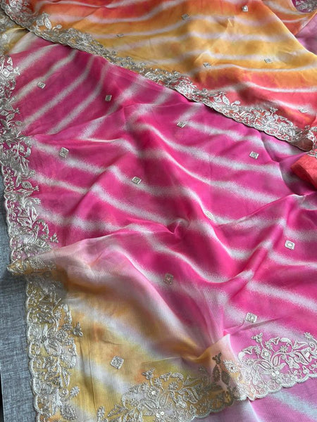 Chinon Crepe Leheriya Saree with Pittan & Sequins Work