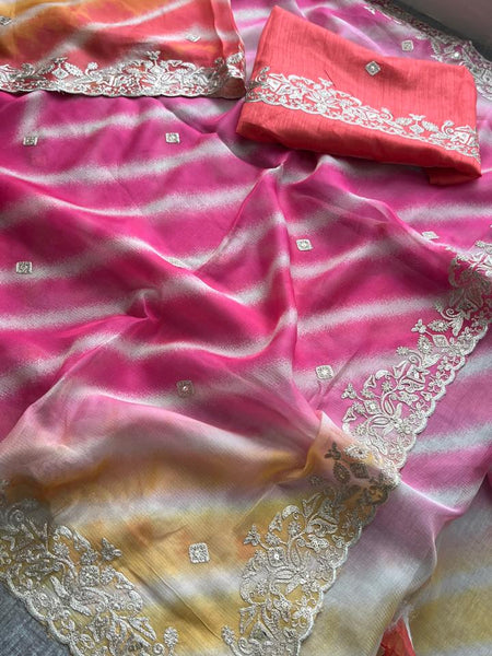 Chinon Crepe Leheriya Saree with Pittan & Sequins Work