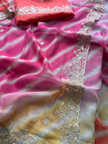 Chinon Crepe Leheriya Saree with Pittan & Sequins Work