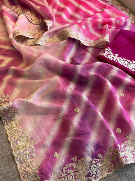 Chinon Crepe Leheriya Saree with Pittan & Sequins Work