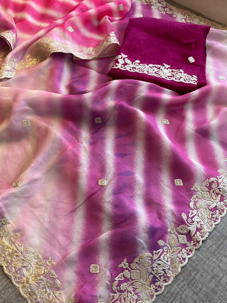 Chinon Crepe Leheriya Saree with Pittan & Sequins Work