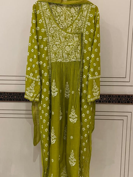 Mul Chanderi Angrakha Kurta Dupatta Set with Elegant Mukaish Work