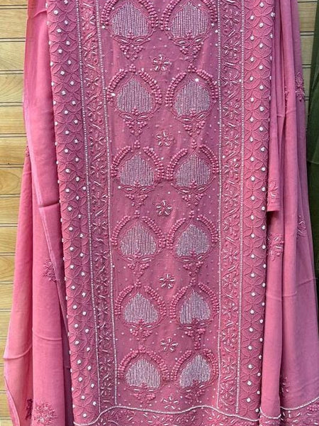 Georgette Unstitched Kurta Dupatta Set with Pearl & Katdana Embellishments