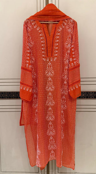 Mul Chanderi Semi-Stitched Kurta Dupatta Set with Pearl, Sequin & Katdana Embellishments