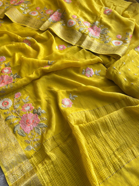 Pure Chinon Crepe Saree with Banarasi Weaving and Multi-Thread Embroidery