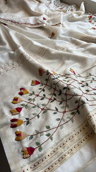 Pure Tussar Linen Silk Saree with Hand Knot & Katha Work