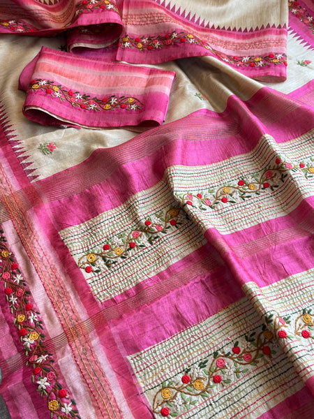 Pure Tussar Linen Silk Saree with Hand Knot & Katha Work
