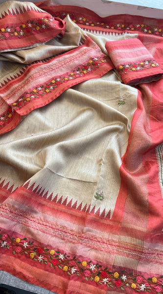 Pure Tussar Linen Silk Saree with Hand Knot & Katha Work