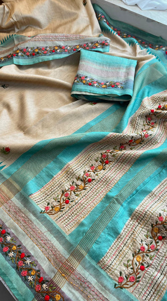 Pure Tussar Linen Silk Saree with Hand Knot & Katha Work